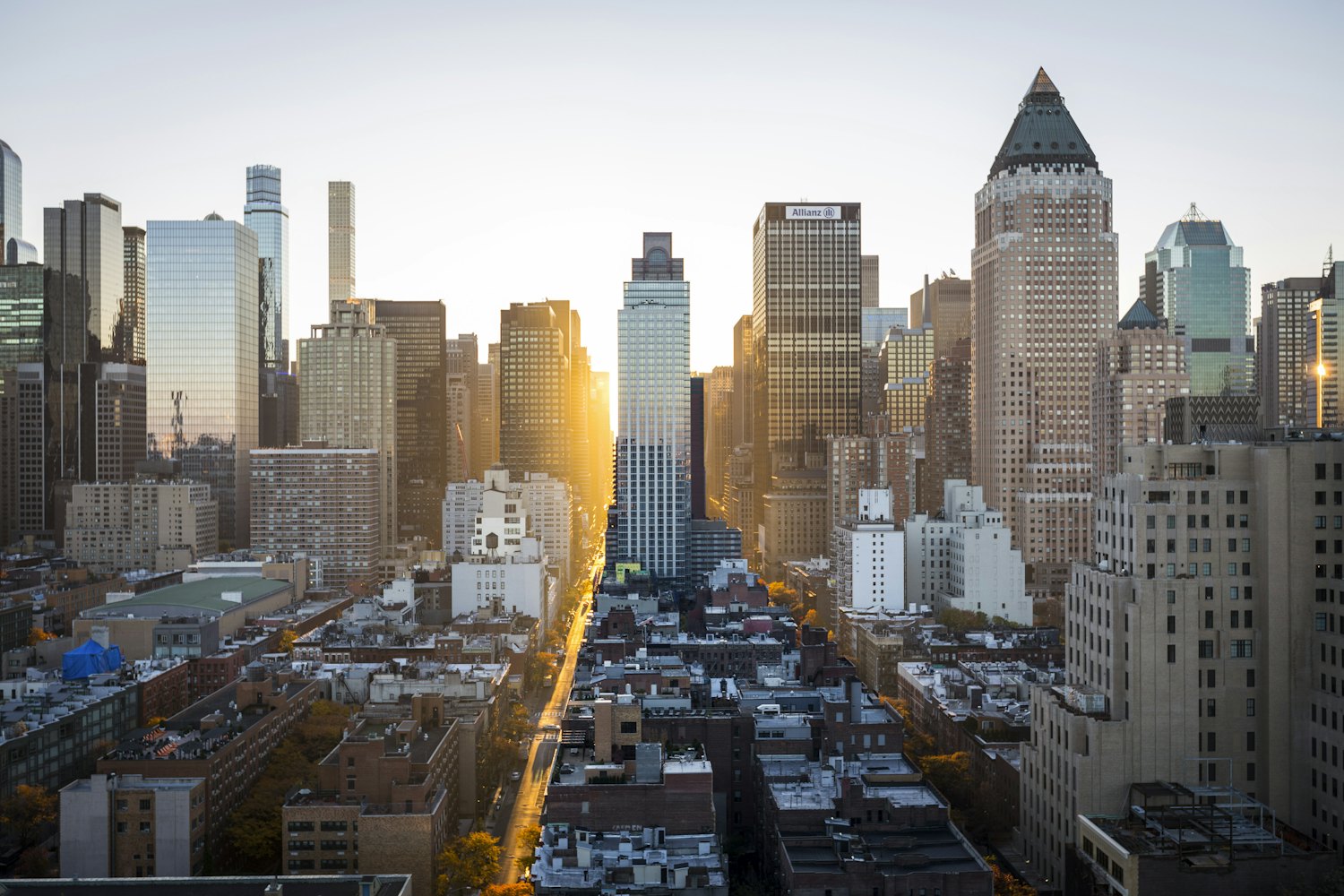 Aerial view of a financial-district skyline at dusk